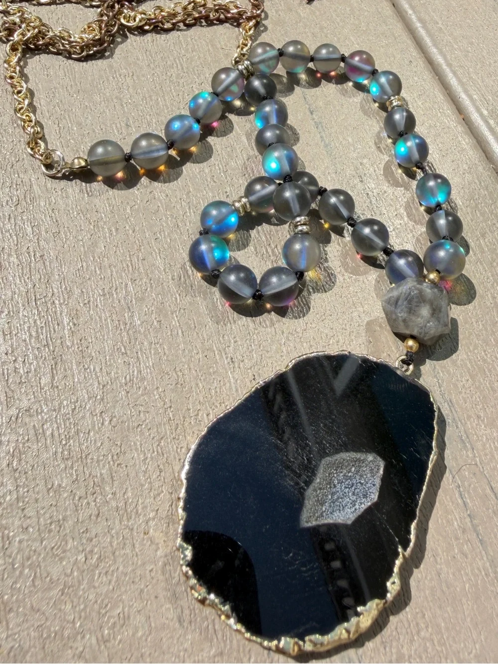 28” gold tone necklace w/ slab/druzy pendant, larvakite, and mermaid glass!